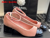 Chanel Mid Heel Pump in Pink Velvet and Black Patent Leather Replica