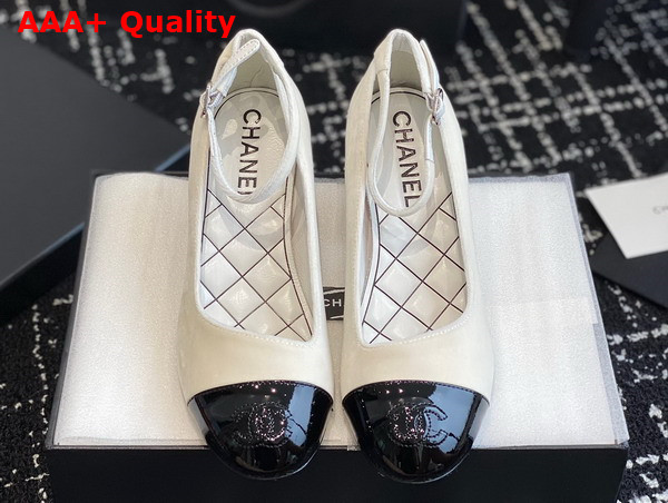 Chanel Mid Heel Pump in White Velvet and Black Patent Leather Replica