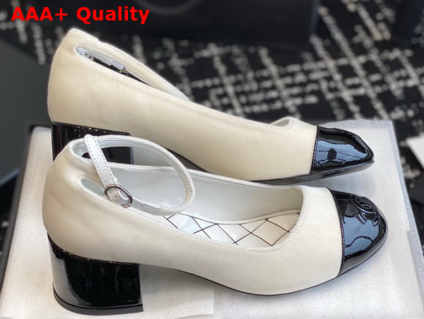 Chanel Mid Heel Pump in White Velvet and Black Patent Leather Replica