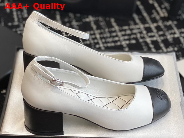 Chanel Mid Heel Pump in White and Black Lambskin Replica