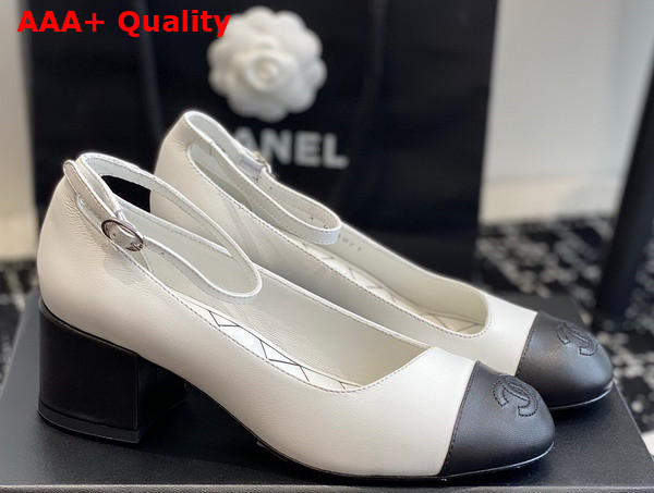 Chanel Mid Heel Pump in White and Black Lambskin Replica