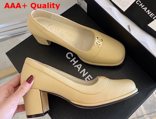 Chanel Mid Heel Pumps in Beige Calfskin with CC Emblem Replica