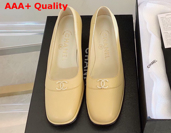 Chanel Mid Heel Pumps in Beige Calfskin with CC Emblem Replica