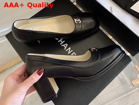 Chanel Mid Heel Pumps in Black Calfskin with CC Emblem Replica