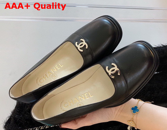 Chanel Mid Heel Pumps in Black Calfskin with CC Emblem Replica