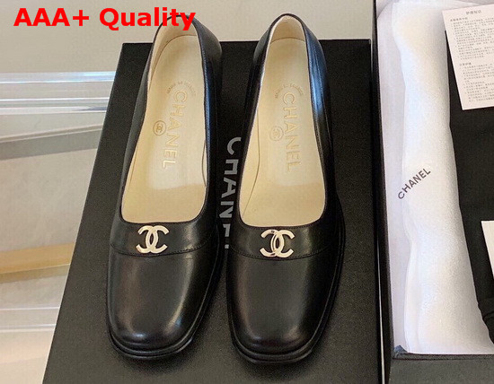 Chanel Mid Heel Pumps in Black Calfskin with CC Emblem Replica