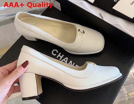 Chanel Mid Heel Pumps in White Calfskin with CC Emblem Replica