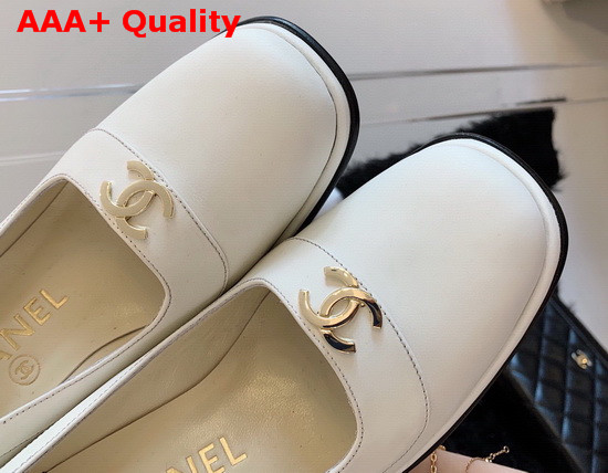 Chanel Mid Heel Pumps in White Calfskin with CC Emblem Replica