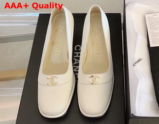 Chanel Mid Heel Pumps in White Calfskin with CC Emblem Replica