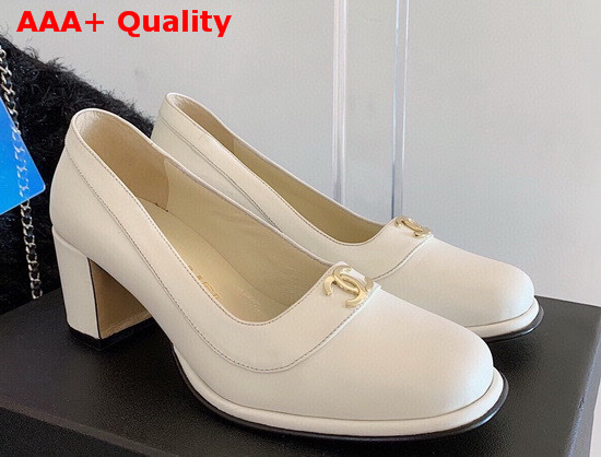 Chanel Mid Heel Pumps in White Calfskin with CC Emblem Replica