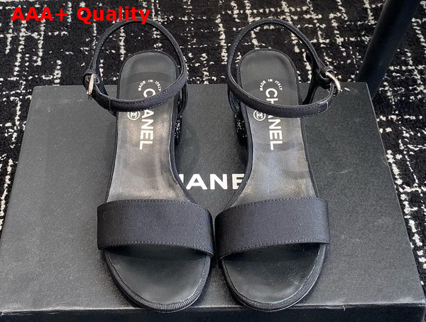 Chanel Mid Heel Sandal in Black Grosgrain and Lambskin Replica