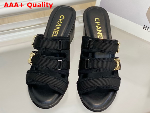 Chanel Mid Heel Slide in Black Grosgrain Replica