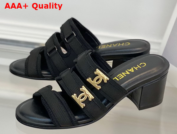 Chanel Mid Heel Slide in Black Grosgrain Replica