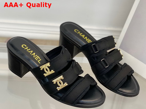 Chanel Mid Heel Slide in Black Grosgrain Replica