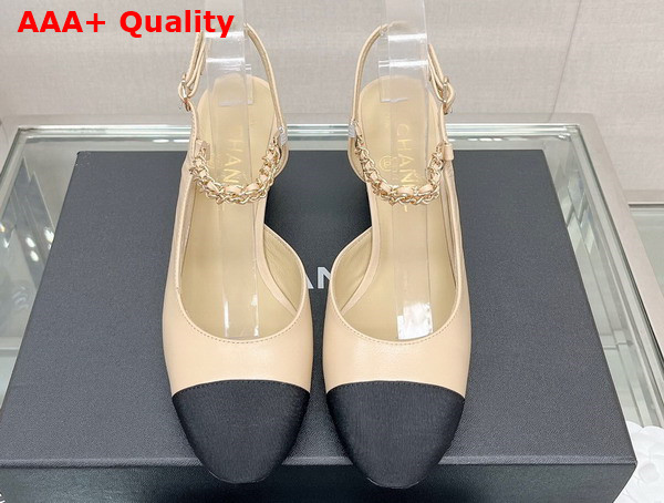 Chanel Mid Heel Slingbacks in Beige and Black Lambskin and Grosgrain Replica