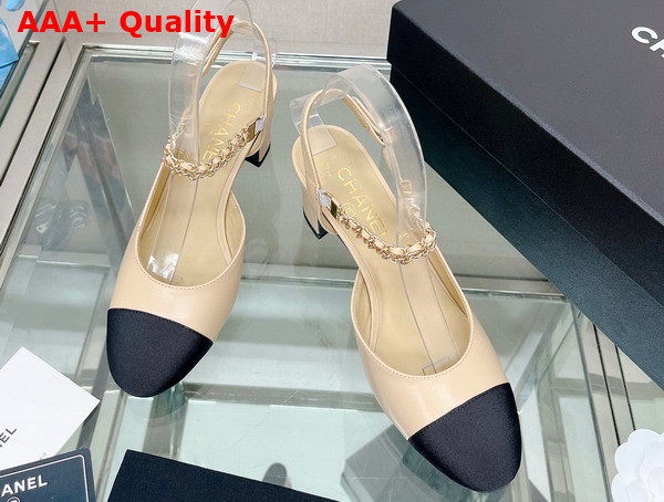 Chanel Mid Heel Slingbacks in Beige and Black Lambskin and Grosgrain Replica