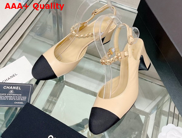 Chanel Mid Heel Slingbacks in Beige and Black Lambskin and Grosgrain Replica