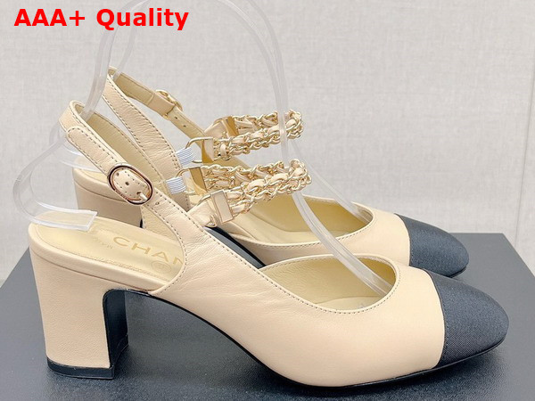 Chanel Mid Heel Slingbacks in Beige and Black Lambskin and Grosgrain Replica