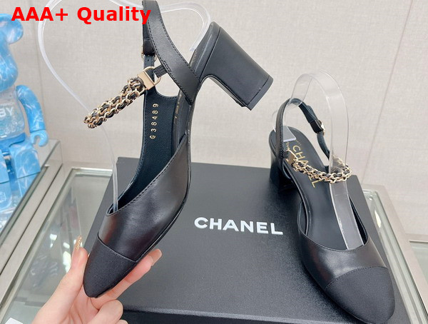 Chanel Mid Heel Slingbacks in Black Lambskin and Grosgrain Replica