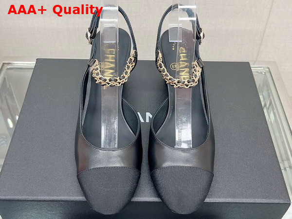 Chanel Mid Heel Slingbacks in Black Lambskin and Grosgrain Replica