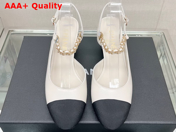 Chanel Mid Heel Slingbacks in White and Black Lambskin and Grosgrain Replica