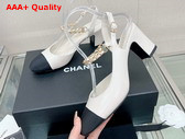 Chanel Mid Heel Slingbacks in White and Black Lambskin and Grosgrain Replica