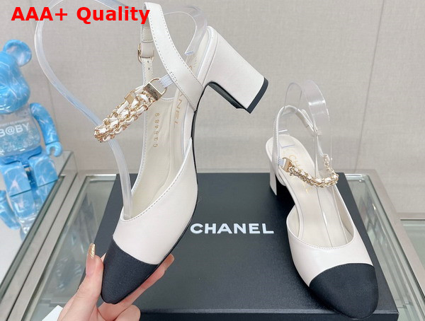 Chanel Mid Heel Slingbacks in White and Black Lambskin and Grosgrain Replica