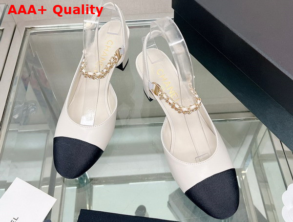 Chanel Mid Heel Slingbacks in White and Black Lambskin and Grosgrain Replica