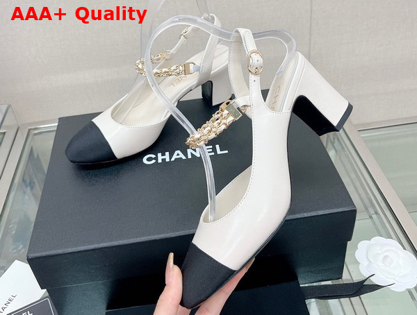 Chanel Mid Heel Slingbacks in White and Black Lambskin and Grosgrain Replica