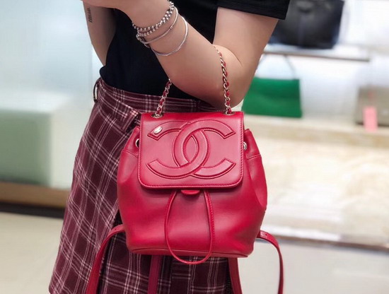 Chanel Mini Backpack in Red Lambskin with Large CC Logo on The Flap