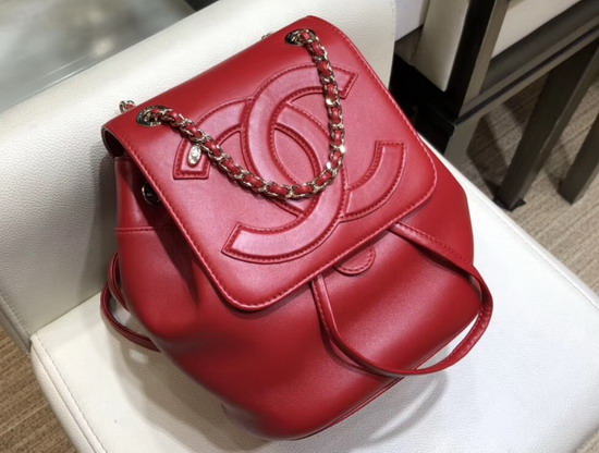 Chanel Mini Backpack in Red Lambskin with Large CC Logo on The Flap