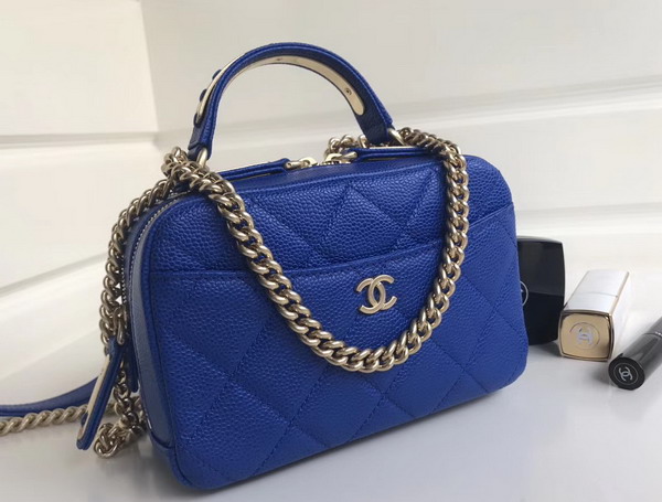 Chanel Mini Bowling Bag in Blue Grained Calfskin with Gold Tone Metal For Sale