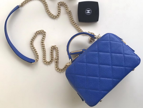 Chanel Mini Bowling Bag in Blue Grained Calfskin with Gold Tone Metal For Sale