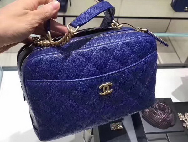 Chanel Mini Bowling Bag in Blue Grained Calfskin with Gold Tone Metal For Sale