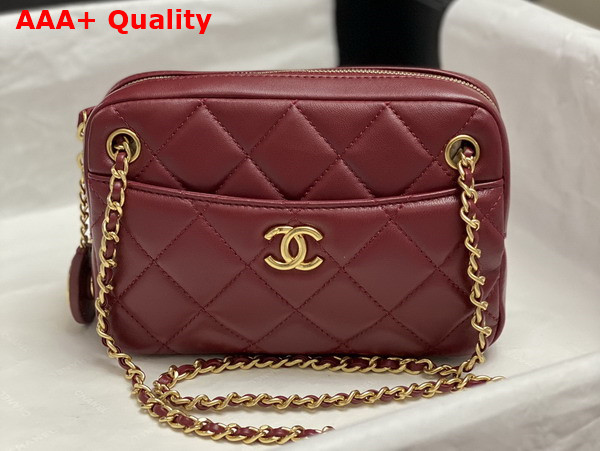 Chanel Mini Camera Case in Burgundy Shiny Lambskin Gold Tone Metal AS5190 Replica