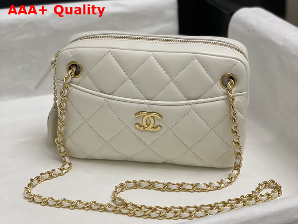 Chanel Mini Camera Case in White Shiny Lambskin Gold Tone Metal AS5190 Replica