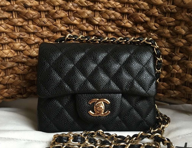 Chanel Mini Caviar Flap Bag Black Gold Chain for Sale