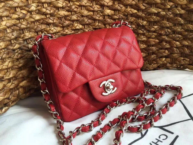 Chanel Mini Caviar Flap Bag Red Gold Chain for Sale