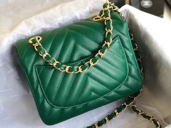 Chanel Mini Caviar Flap Bag with Gold Hardware Green Chevron