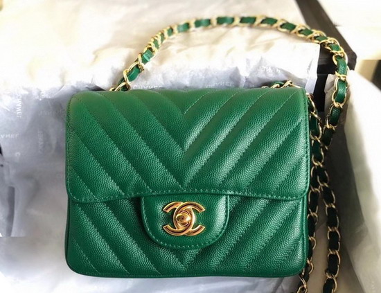 Chanel Mini Caviar Flap Bag with Gold Hardware Green Chevron