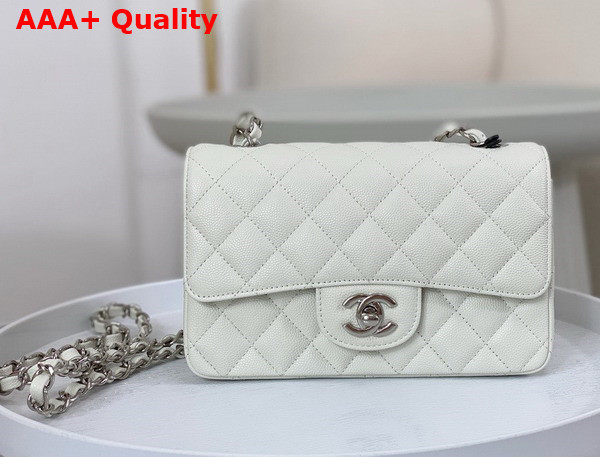 Chanel Mini Classic Flap Bag in White Grained Calfskin Silver Tone Metal Replica