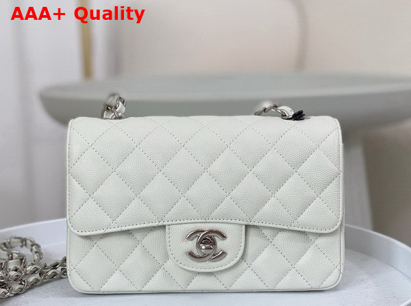 Chanel Mini Classic Flap Bag in White Grained Calfskin Silver Tone Metal Replica