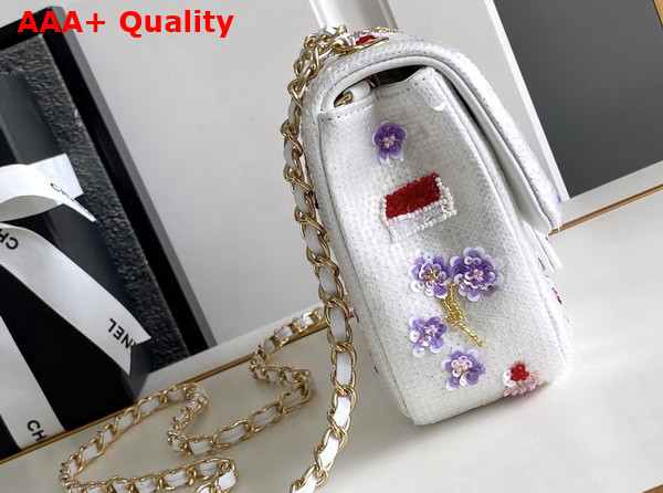 Chanel Mini Classic Handbag Embroidered Satin Sequins Glass Beads Strass Gold Tone Metal White Pink Purple and Red A69900 Replica