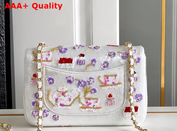 Chanel Mini Classic Handbag Embroidered Satin Sequins Glass Beads Strass Gold Tone Metal White Pink Purple and Red A69900 Replica