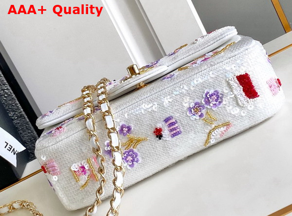 Chanel Mini Classic Handbag Embroidered Satin Sequins Glass Beads Strass Gold Tone Metal White Pink Purple and Red A69900 Replica