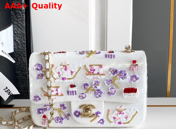 Chanel Mini Classic Handbag Embroidered Satin Sequins Glass Beads Strass Gold Tone Metal White Pink Purple and Red A69900 Replica