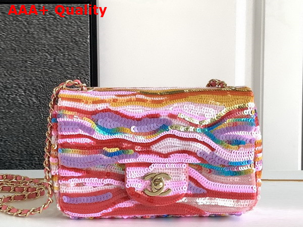 Chanel Mini Classic Handbag Embroidered Satin Sequins and Gold Tone Metal Yellow Purple and Pink Ref A69900 Replica