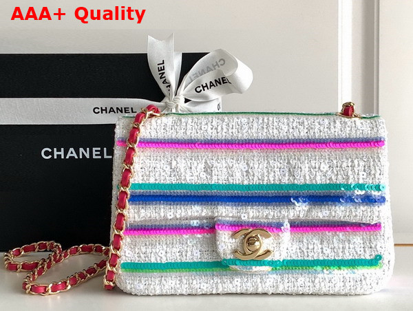 Chanel Mini Classic Handbag Embroidered Tweed Sequins Gold Tone Metal White Pink Green and Blue A69900 Replica