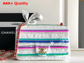 Chanel Mini Classic Handbag Embroidered Tweed Sequins Gold Tone Metal White Pink Green and Blue A69900 Replica