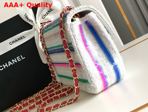 Chanel Mini Classic Handbag Embroidered Tweed Sequins Gold Tone Metal White Pink Green and Blue A69900 Replica